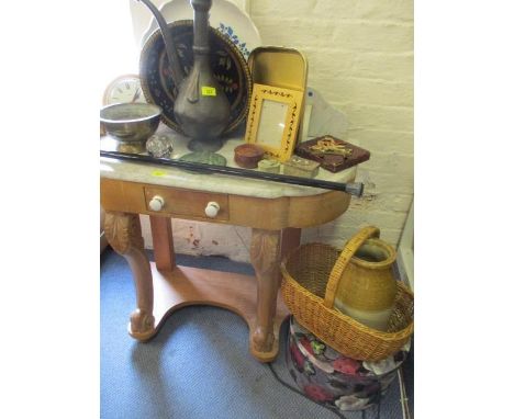 Mixed metalware and treen, stone trinket boxes, a basket, two hat boxes, a modern walking cane and other  items 