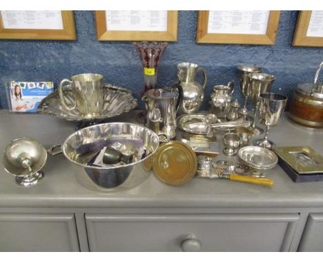 A selection of silver plate to include goblets, jugs, spoons, bowls, together with a cut glass vase 