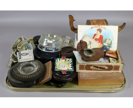 A tray lot of smoking related advertising items to include Captain Morgan and Highland Queen ashtrays, Gondola cigarette disp