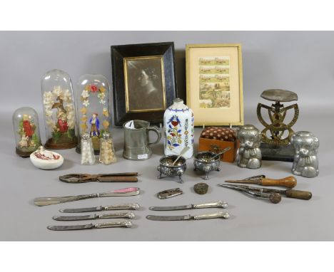 A lot of collectables including Victorian wax figures under glass domes, Mauchline ware, a shoe horn with silver and gillouch