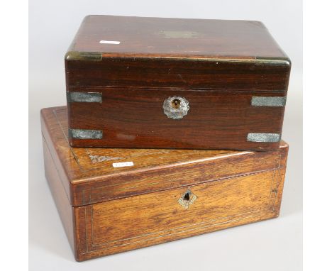 A rosewood metal bound writing slope along with a similar oak box set with mother of pearl and contents of cased spoons, bino