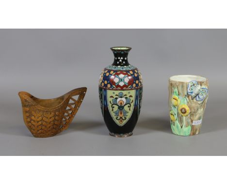 A Japanese cloisonne vase, Radford pottery vase and a Scandinavian carved wooden cup.