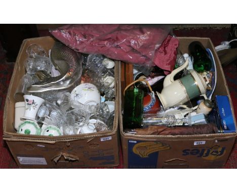 Two boxes of miscellaneous ceramics, glass and metalwares to include Johnson Bros teawares, Wedgwood and Royal Worcester etc.