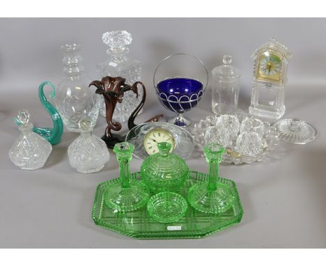 A quantity of glassware to include cut glass decanter, coloured glass vase, uranium glass candlestick, bon bon dish, tray etc
