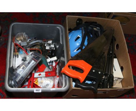 Two boxes of assorted hand tools and iron mongery etc.