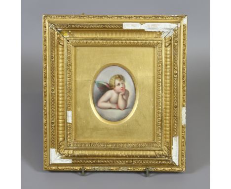 A gilt framed Continental porcelain plaque after Raphael, portrait of a winged cherub, 8cm x 6cm.  Condition Report. To be us