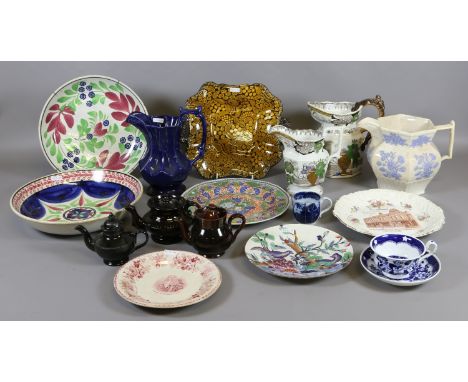 A collection of mainly C19th pottery to include Spode, Kilnhurst, flow blue coffee can, Twiggs dragon handle jug, sprig mould
