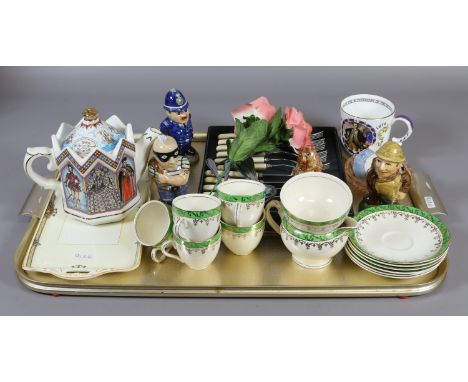 A tray of decorative items to include Meakin part tea service, Sadler commemorative teapot, robber and policeman salt and pep