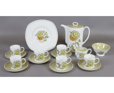 A Susie Cooper coffee service decorated in the Sunflower pattern. Including sandwich plate, coffee pot, milk jug, sugar bowl 