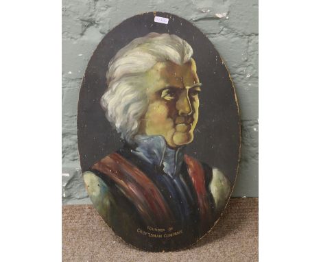 An oval unframed oil on panel portrait of a gentleman and inscribed Founder of Craftsman Company.