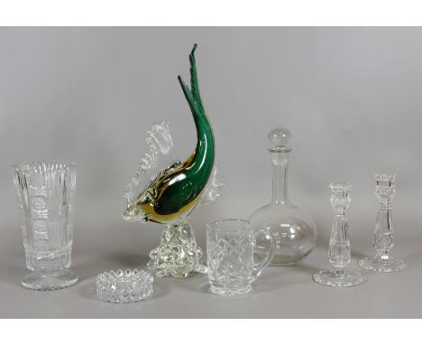 A Murano glass model of a fish, clear glass decanter, Victorian celery jar, cut glass candlesticks etc.