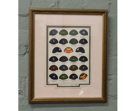 An Edwardian chromo lithograph print. Cricket caps of famous teams, Lion Gallery and Bookshop label verso. 