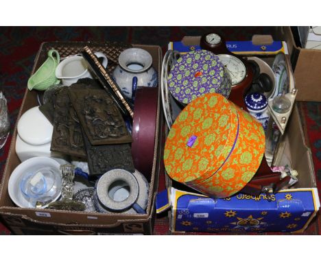 Two boxes of ceramics and collectables including wall barometer, bronzed plaques and blue and white vases etc.