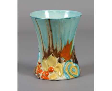 A Wilkinson pottery Clarice Cliff vase from the Bizarre range. Moulded and enamelled with My Garden pattern. Condition Report