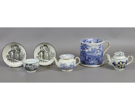 A lot of C19th collectable pottery including a reed Quart tankard decorated with blue and white pastoral scene, two Don sauce