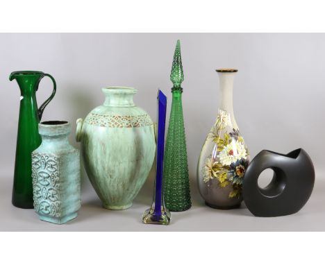 A quantity of decorative oversized glass and ceramic to include green glass jug and decanter, painted vase etc.
