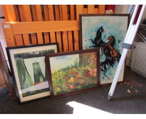 An unusual framed oil of Stonehenge by H. Wilson, with another oil painting of flowers, tapestry of horses (3)