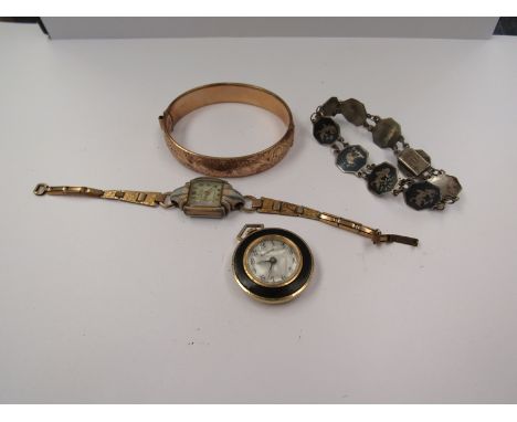 A Mirca Ancre 15 jewel Art Nouveau wristwatch, gold plated bangle,  Siam silver bangle and fob watch (4)