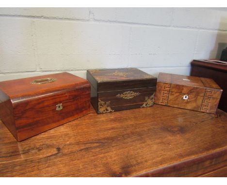 Three sewing boxes including a marquetry example with mother of pearl inset panel 