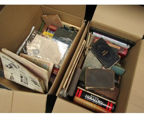 Two boxes of mixed books and ephemera, some 19th Century including Joyce's Arithmetic, Pilgrim's Progress 1826, Manual of Pho