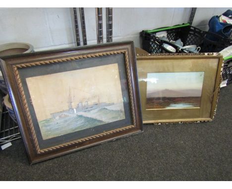 Two watercolours, boat in seascape and Highland landscape
