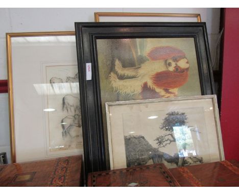 Four pictures and prints including oleograph of Spaniel