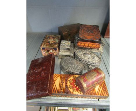 A copper and brass tea caddy, associated jewellery boxes (11)