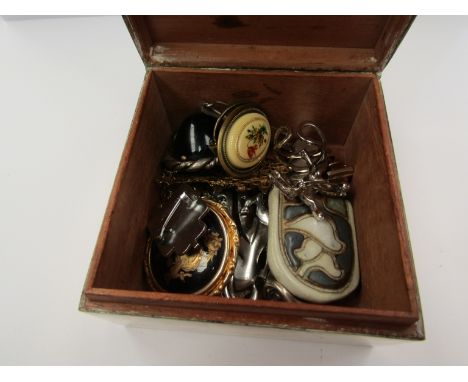 A silver plate hinged trinket box, inscribed M E (Margaret Eaton) with brooches, WVS badge, earrings and B'ham Uionist badge 