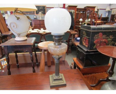 A Victorian oil lamp with frosted shade 