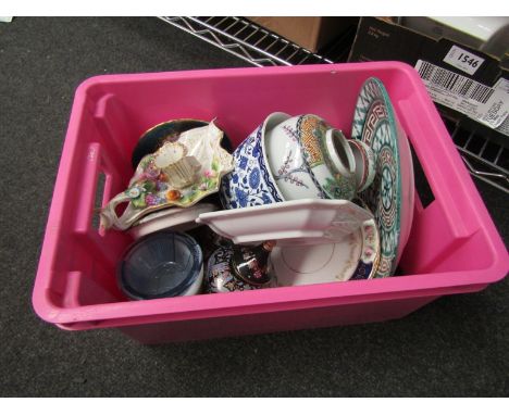 A box of miscellaneous ceramics including plates, ginger jar, chamber stick etc 