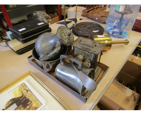 An antique plated turn handled bowl, plated ladle, tankard, coffee pot and Junghans alarm carriage clock (5) 