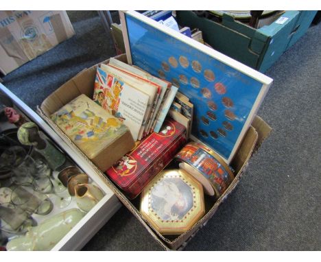 A box containing assorted tins including vintage examples, cigarette cards and an England World Cup coin set