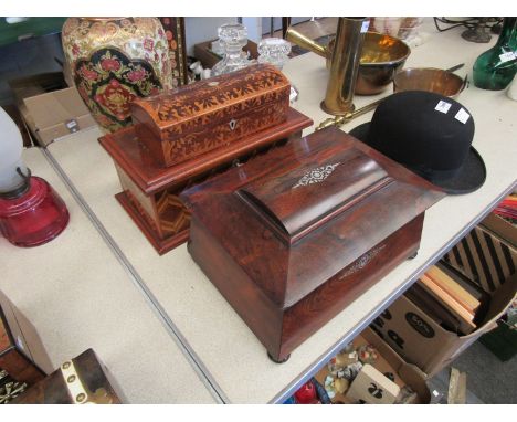 A converted marquetry tea caddy, a sarcophagus form example with mother-of-pearl inlay together with a padded trinket box wit