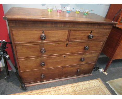 A Victorian mahogany two over three chest of drawers, bun handles with mother-of-pearl star centres, 100cm tall x 125cm wide 