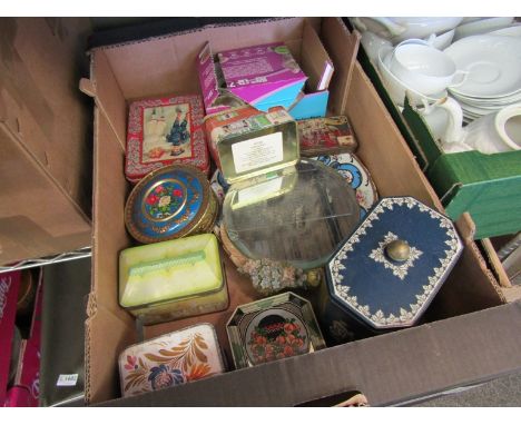 A box containing vintage tins, Barbola style mirror a/f, crested china 