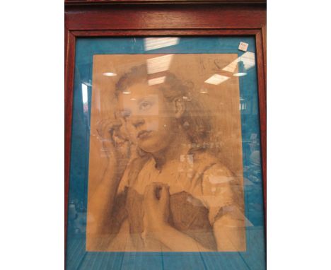An antique drawing by H.F. Cutting (1894) in oak frame, with two Dutch Art Nouveau portrait prints 