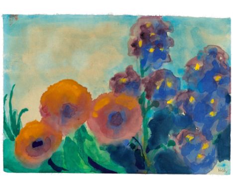 (See English version below)Emil Nolde (Nolde 1867 – 1956 Seebüll). „Mohn und Rittersporn“. Um 1951/55Aquarell auf Japanbütten