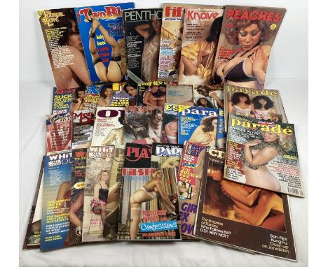 A box of approx. 32 assorted vintage adult erotic magazines, in varying conditions. To include Whitehouse, Playbirds, Peaches