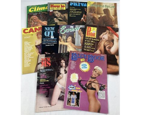 10 assorted vintage adult erotic magazines. To include: Private, Banana Split, Candid, Screw, Climax, Probe &amp; Blue Book. 