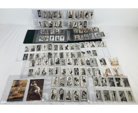 An album of assorted vintage adult erotic and glamour cigarette cards and postcards. To include: Murray's Cigarettes Bathing 