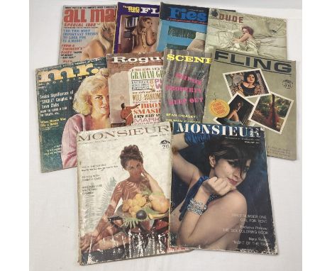 A collection of 10 assorted vintage 1960's Mens magazines. To include: Fiesta, Monsieur, Fling, Mr. Magazine, The Dude and Al