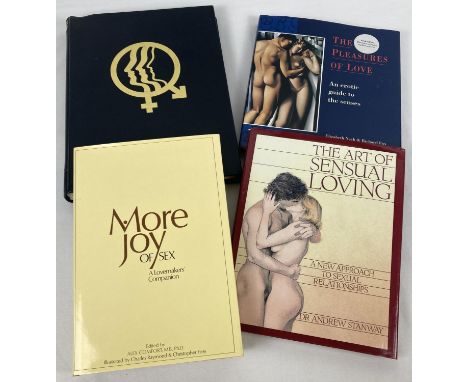 3 assorted adult erotic books together with a binder of Man &amp; Woman magazine. Books to include The Pleasure of Love, More