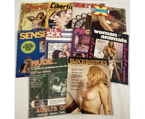 10 assorted vintage adult erotic magazines. To include: Libertine, U.S. Sex, Probe, BlockBusters and Woman &amp; Animals. 