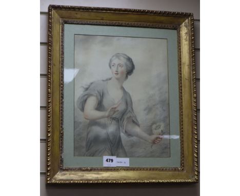 Attributed to Cipriani, pencil, sepia chalk and wash, Maiden holding a flower, 37 x 30cm