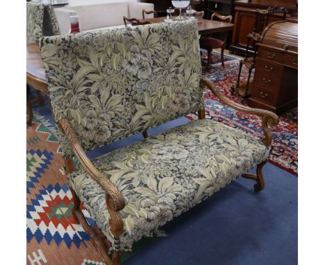 A Louis XVI style carved walnut three piece suite with tapestry upholstery