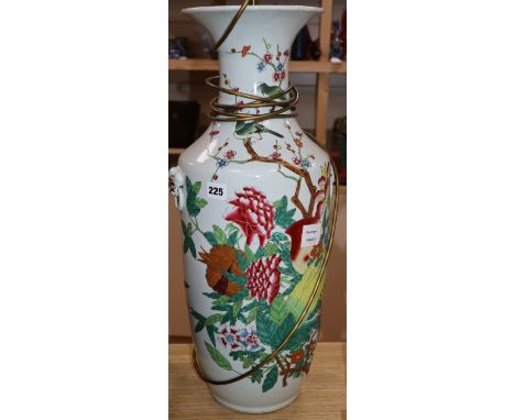 A modern Chinese vase, painted with peonies and pine prunus, fitted as a table lamp height 60cm