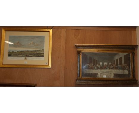 A reproduction print, Perspective view of Brighthelmstone, 41 x 60cm and a print of 'The Last Supper', in ornate possibly Aru
