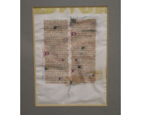 A mid 15th century Breviary single leaf manuscript, Northern France, on vellum, 34 lines of text in two columns in Latin, cer