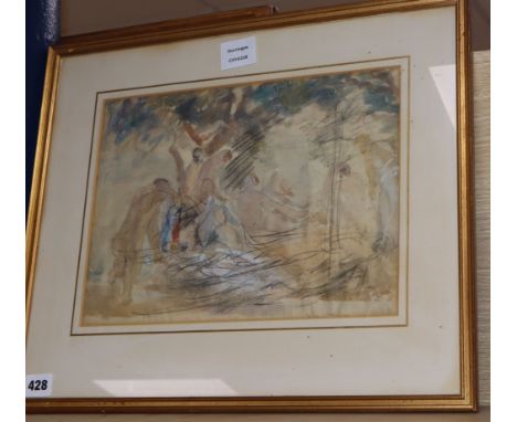 Dame Ethel Walker (1861-1951), watercolour and pencil, 'The Sirens', New Grafton Gallery label verso, 25 x 33cm