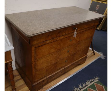A 19th century French burr elm marble top commode W.130cm